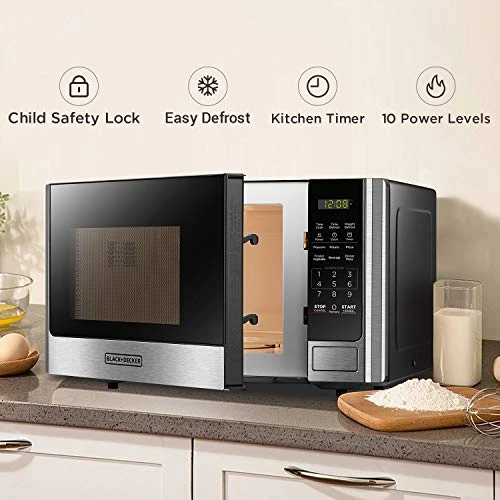 Black & Decker Digital Microwave Oven With Turntable Push-Button Door, Child Safety Lock, Stainless Steel, 0.9 Cu Ft - Image 4